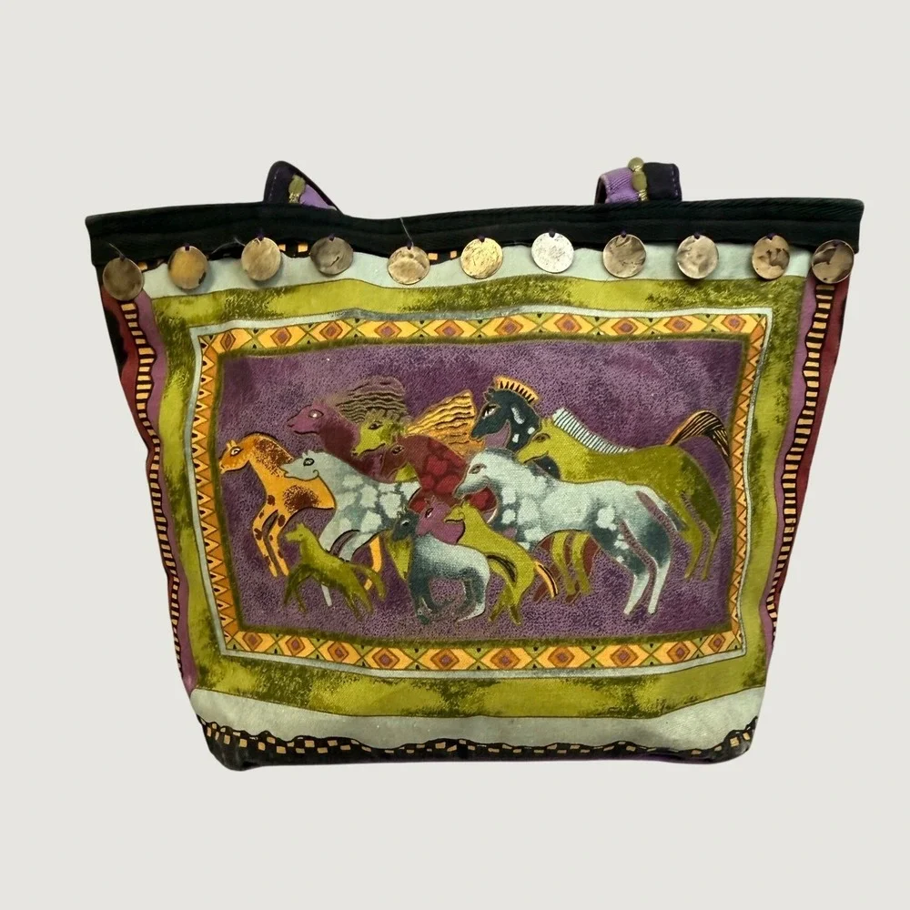 Laurel Burch Wild Horse Canvas Tote Bag Purple Green‎ Shoulder Bag Coins *READ*